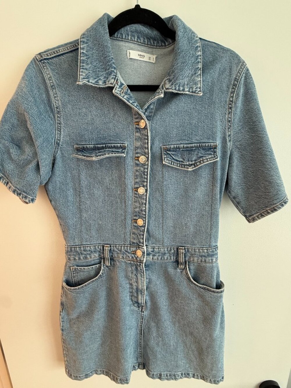 Mango Denim Button Front Mini Dress Fitted Blue Jean Dress Size 6